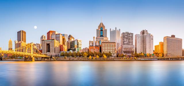 Long exposure of Pittsburgh downtown skyline and Roberto Clemente bridge