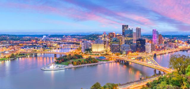 Downtown skyline of Pittsburgh, Pennsylvania at sunset